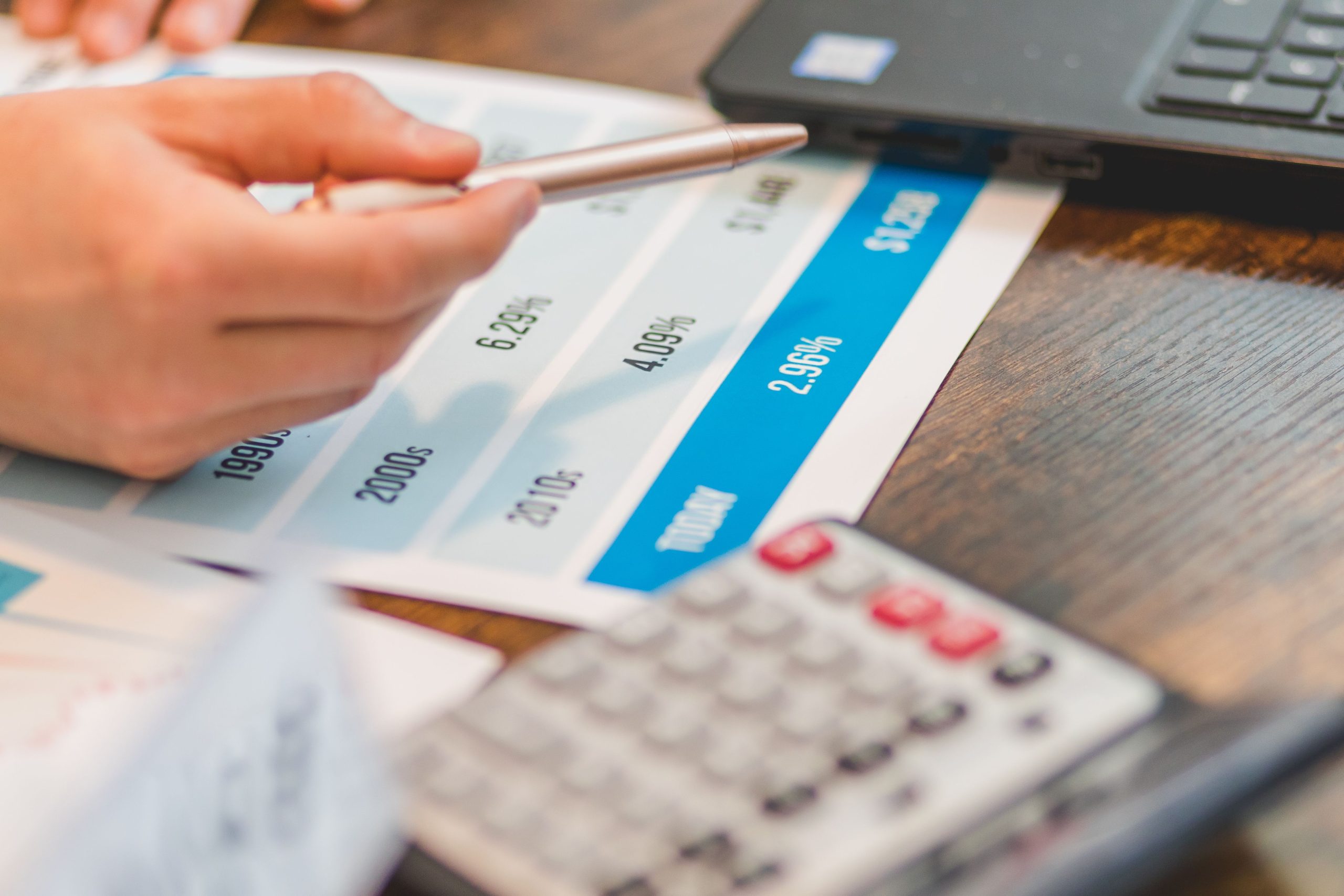 Hand using a calculator to analyze interest rates and a financial chart, illustrating business debt financing.